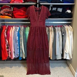 IJOAH burgundy short sleeve lace overlay back zipper closure dress size S